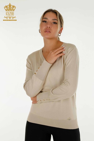 Pull en tricot pour femmes en gros avec détail de boutons Beige clair - 30139 | KAZEE - Thumbnail