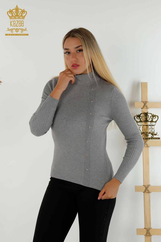 Bouton de pull en tricot pour femmes en gros détaillé gris - 30394 | KAZEE
