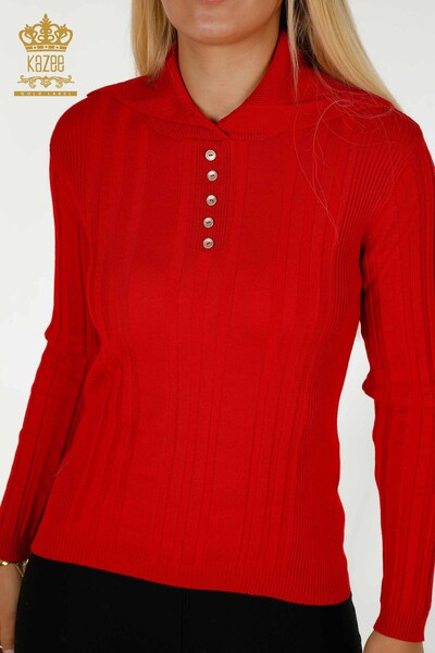 Bouton de pull en tricot pour femmes en gros détaillé rouge - 30134 | KAZEE - Thumbnail