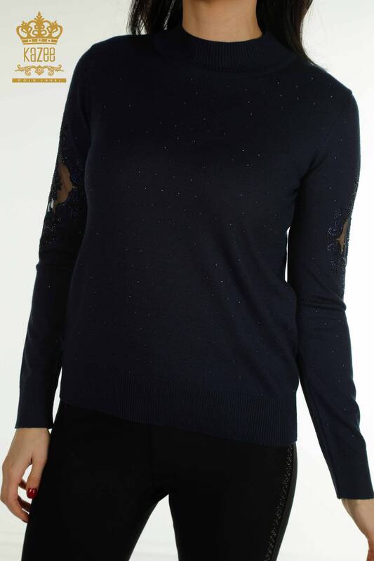 Pull en tricot pour femmes en gros brodé bleu marine - 30892 | KAZEE