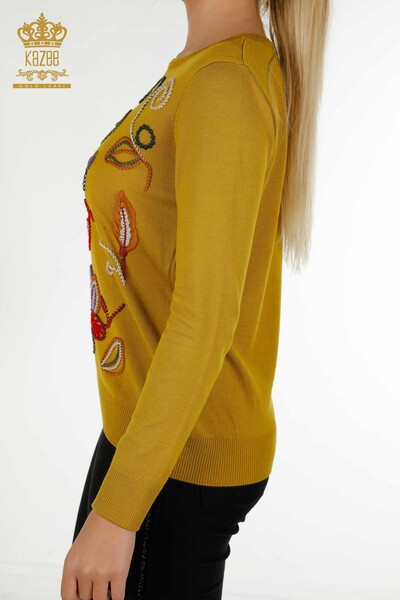 Pull en tricot pour femmes en gros, moutarde avec motif de broderie - 30652 | KAZEE - Thumbnail