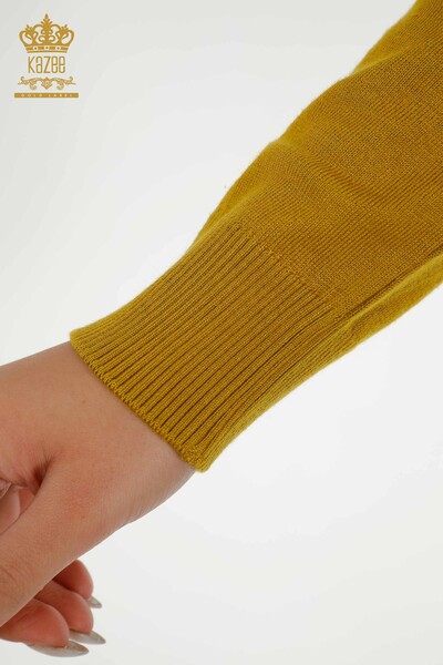 Pull en tricot pour femmes en gros, moutarde avec motif de broderie - 30652 | KAZEE - Thumbnail