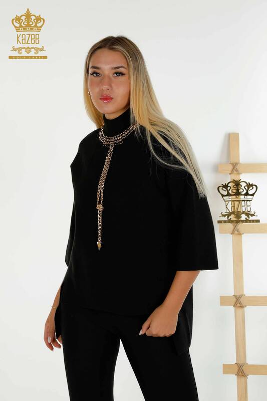 Pull en tricot pour femmes en gros noir avec détail de chaîne - 30270 | KAZEE