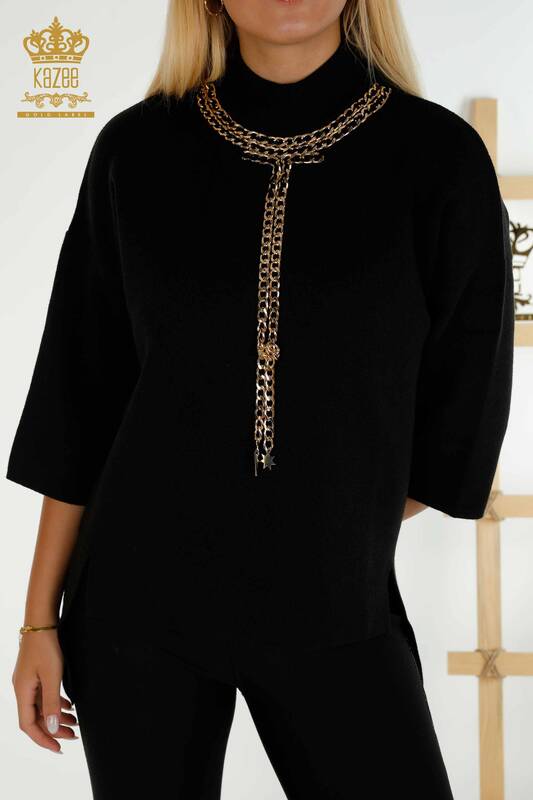 Pull en tricot pour femmes en gros noir avec détail de chaîne - 30270 | KAZEE