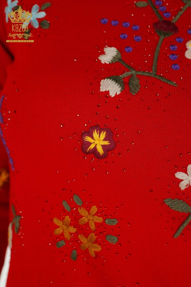 Pull en tricot pour femmes en gros rouge avec broderie de fleurs colorées - 16445 | KAZEE - 3