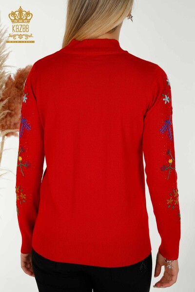 Pull en tricot pour femmes en gros rouge avec broderie de fleurs colorées - 16445 | KAZEE - 7