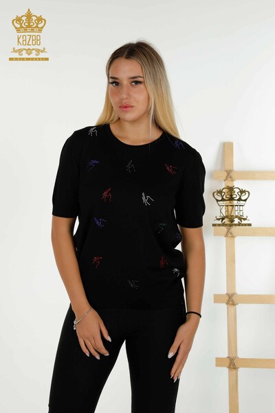 Pull en tricot pour femmes en gros noir avec broderie de pierres colorées - 30327 | KAZEE - Thumbnail
