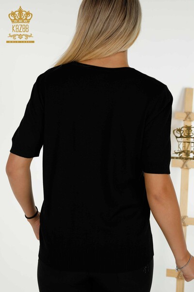 Pull en tricot pour femmes en gros noir avec broderie de pierres colorées - 30327 | KAZEE - Thumbnail