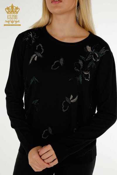 Pull en tricot pour femmes en gros noir avec broderie de pierres de cristal - 30467 | KAZEE - Thumbnail
