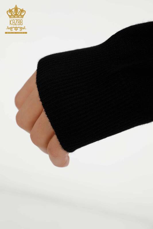 Pull en tricot pour femmes en gros noir avec broderie de pierres de cristal - 30467 | KAZEE