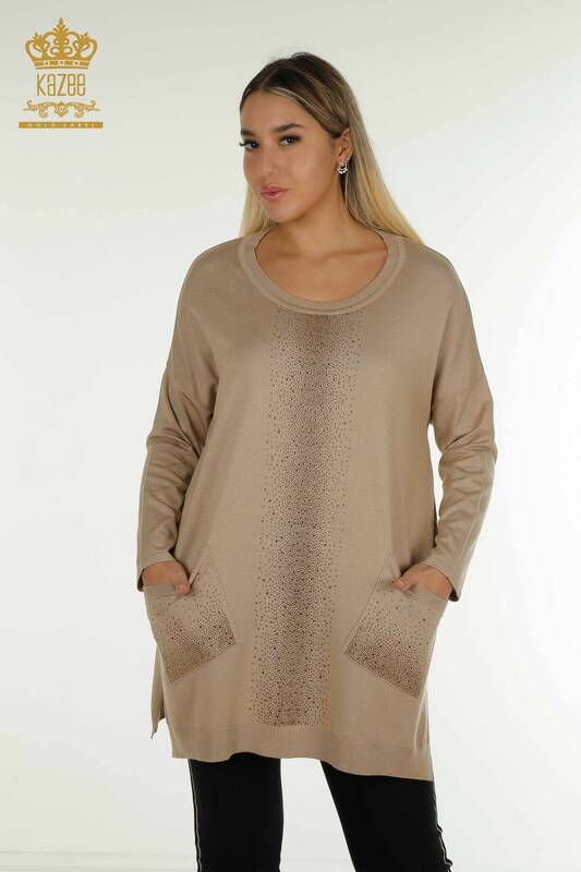 Pull en tricot pour femmes en gros avec pierre de cristal brodée beige - 30602 | KAZEE