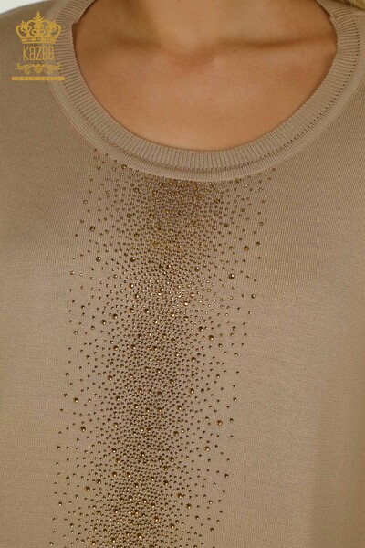 Pull en tricot pour femmes en gros avec pierre de cristal brodée beige - 30602 | KAZEE - Thumbnail
