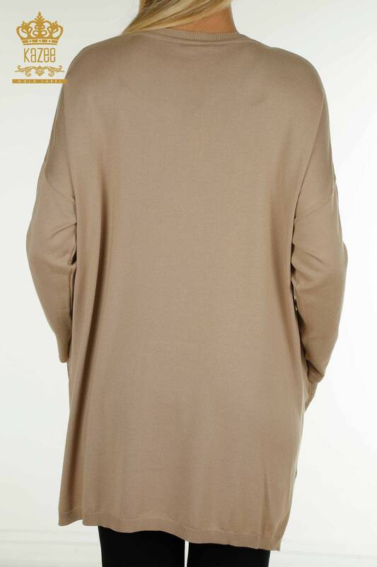Pull en tricot pour femmes en gros avec pierre de cristal brodée beige - 30602 | KAZEE