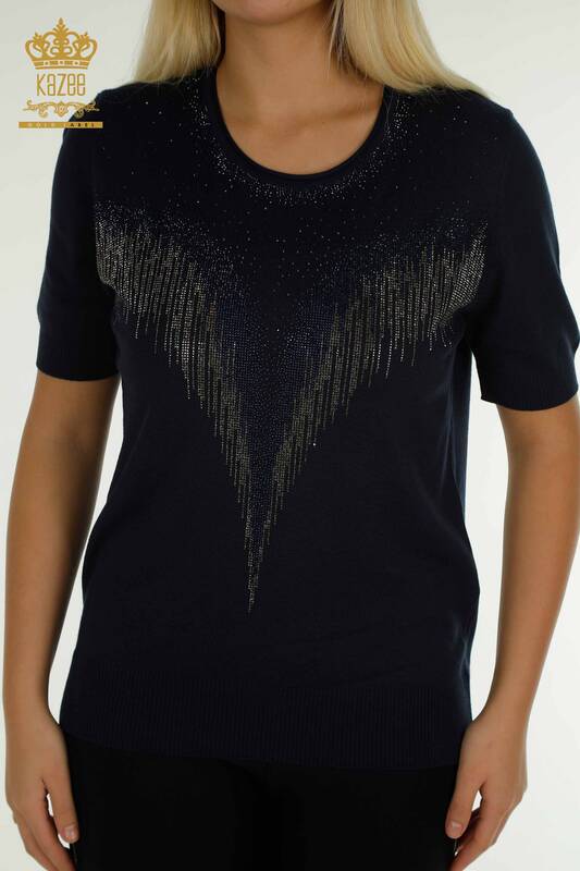 Pull en tricot pour femmes en gros avec pierre de cristal brodée bleu marine - 30330 | KAZEE