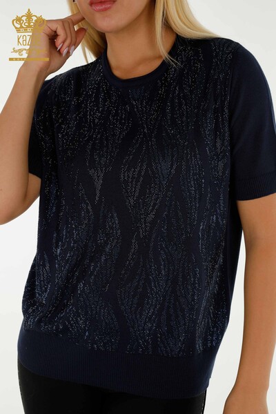 Pull en tricot pour femmes en gros avec pierre de cristal brodée bleu marine - 30332 | KAZEE - Thumbnail