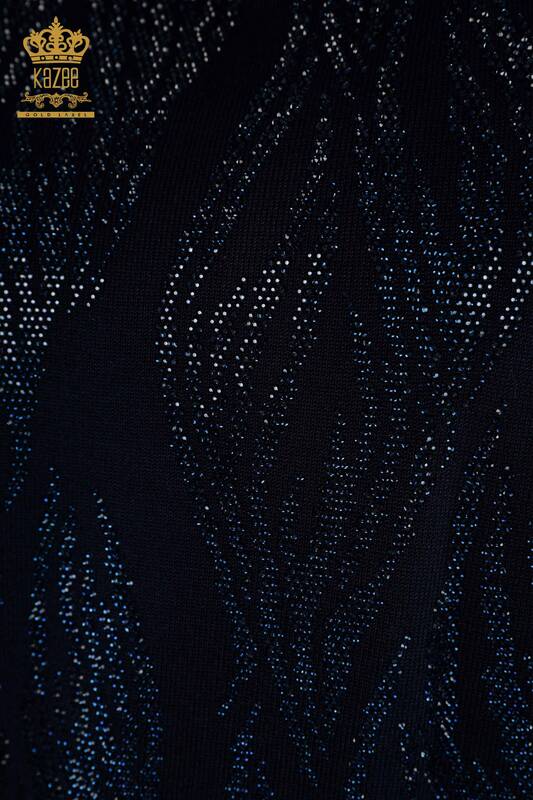 Pull en tricot pour femmes en gros avec pierre de cristal brodée bleu marine - 30332 | KAZEE