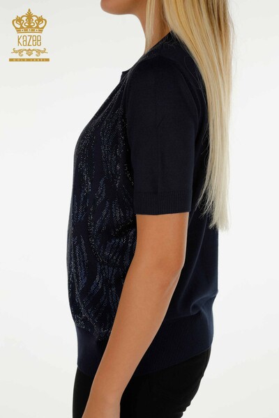Pull en tricot pour femmes en gros avec pierre de cristal brodée bleu marine - 30332 | KAZEE - Thumbnail