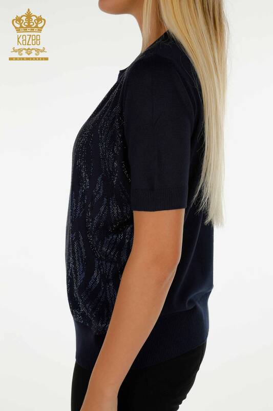 Pull en tricot pour femmes en gros avec pierre de cristal brodée bleu marine - 30332 | KAZEE