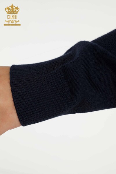Pull en tricot pour femmes en gros pierre de cristal brodé bleu marine - 30467 | KAZEE - Thumbnail