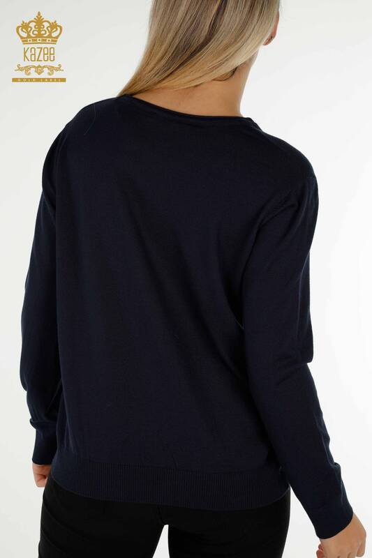 Pull en tricot pour femmes en gros pierre de cristal brodé bleu marine - 30467 | KAZEE