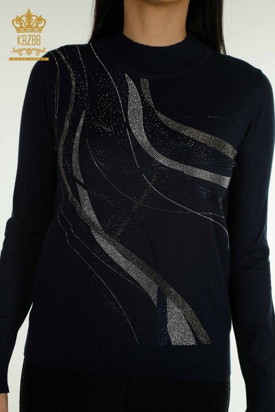 Pull en tricot pour femmes en gros avec pierre de cristal brodée bleu marine - 30469 | KAZEE - Thumbnail
