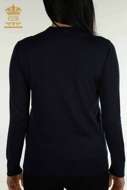 Pull en tricot pour femmes en gros avec pierre de cristal brodée bleu marine - 30469 | KAZEE