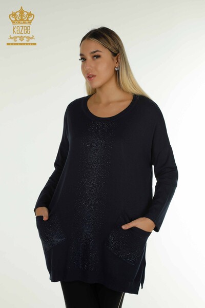 Pull en tricot pour femmes en gros pierre de cristal brodé bleu marine - 30602 | KAZEE - Thumbnail