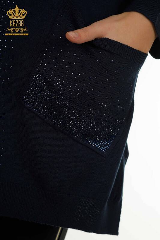 Pull en tricot pour femmes en gros pierre de cristal brodé bleu marine - 30602 | KAZEE
