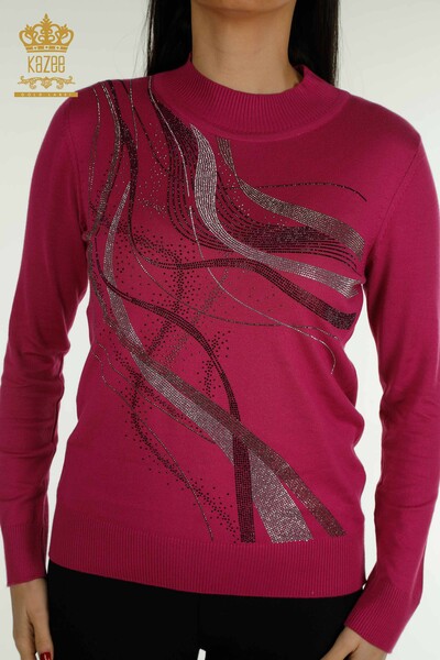 Pull en tricot pour femmes en gros avec pierre de cristal brodée Fuchsia - 30469 | KAZEE - Thumbnail