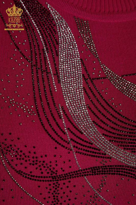 Pull en tricot pour femmes en gros avec pierre de cristal brodée Fuchsia - 30469 | KAZEE