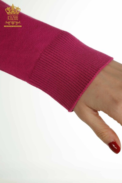 Pull en tricot pour femmes en gros avec pierre de cristal brodée Fuchsia - 30469 | KAZEE - Thumbnail