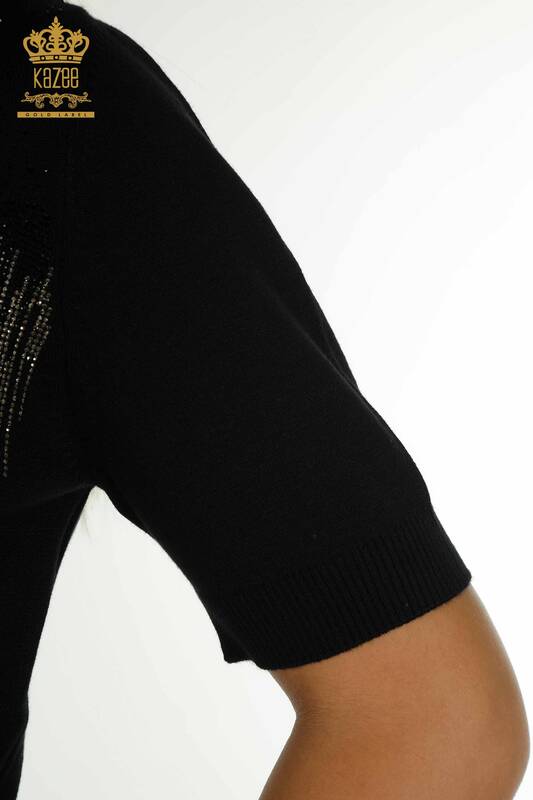 Pull en tricot pour femmes en gros noir avec broderie de pierres de cristal - 30330 | KAZEE