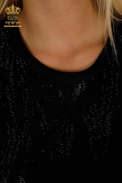 Pull en tricot pour femmes en gros noir avec broderie de pierres de cristal - 30332 | KAZEE - Thumbnail
