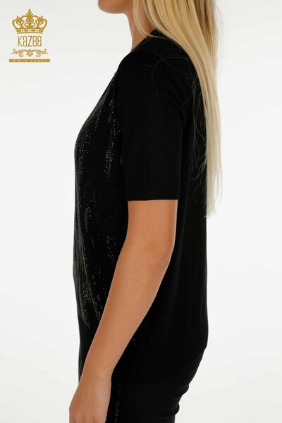 Pull en tricot pour femmes en gros noir avec broderie de pierres de cristal - 30332 | KAZEE - Thumbnail