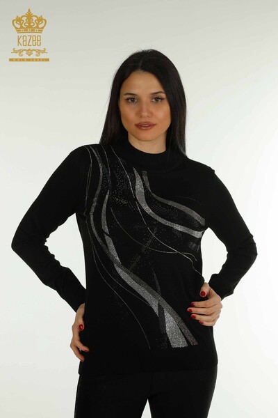 Pull en tricot pour femmes en gros noir avec broderie de pierres de cristal - 30469 | KAZEE - Thumbnail