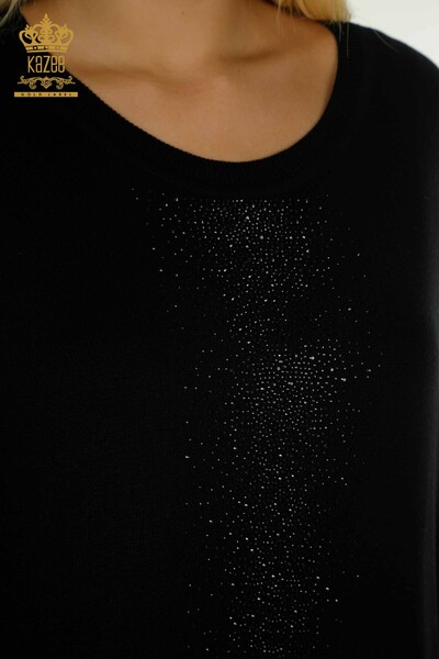Pull en tricot pour femmes en gros noir avec broderie de pierres de cristal - 30602 | KAZEE - Thumbnail