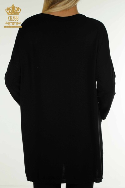 Pull en tricot pour femmes en gros noir avec broderie de pierres de cristal - 30602 | KAZEE - Thumbnail