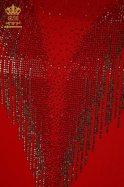 Pull en tricot pour femmes en gros rouge avec broderie de pierres de cristal - 30330 | KAZEE - Thumbnail