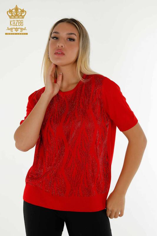 Pull en tricot pour femmes en gros rouge avec broderie de pierres de cristal - 30332 | KAZEE
