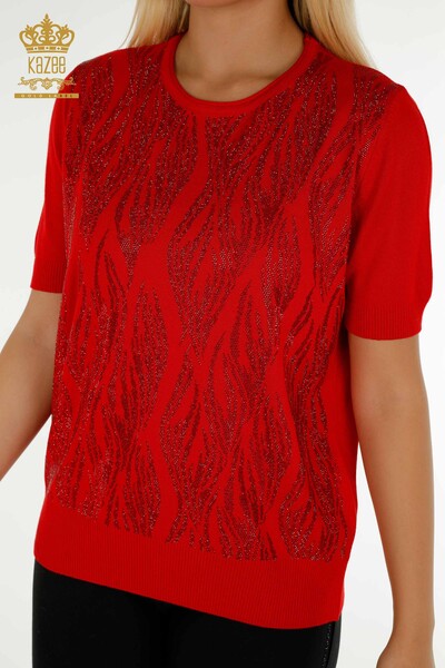 Pull en tricot pour femmes en gros rouge avec broderie de pierres de cristal - 30332 | KAZEE - Thumbnail