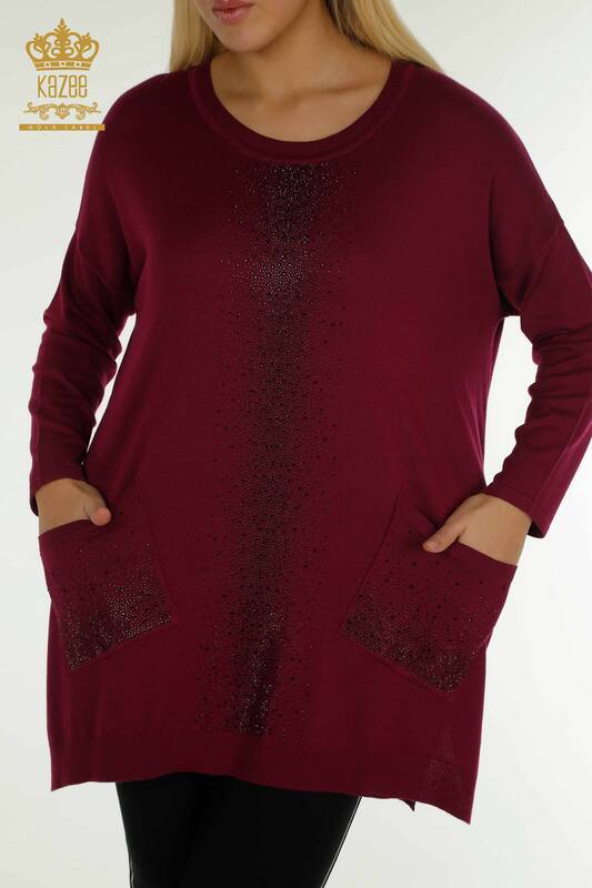 Pull en tricot pour femmes en gros avec pierre de cristal brodée violet - 30602 | KAZEE