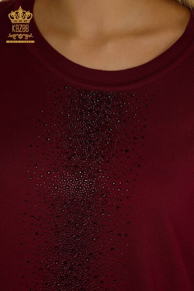 Pull en tricot pour femmes en gros avec pierre de cristal brodée violet - 30602 | KAZEE - Thumbnail
