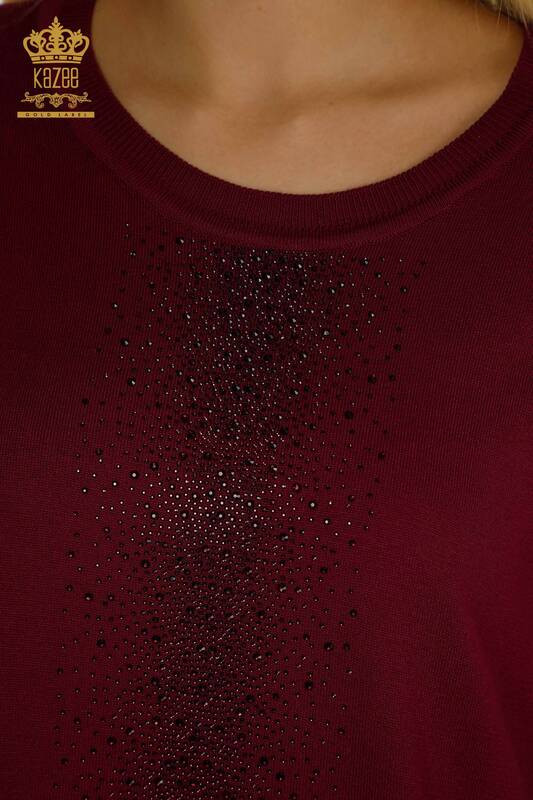 Pull en tricot pour femmes en gros avec pierre de cristal brodée violet - 30602 | KAZEE