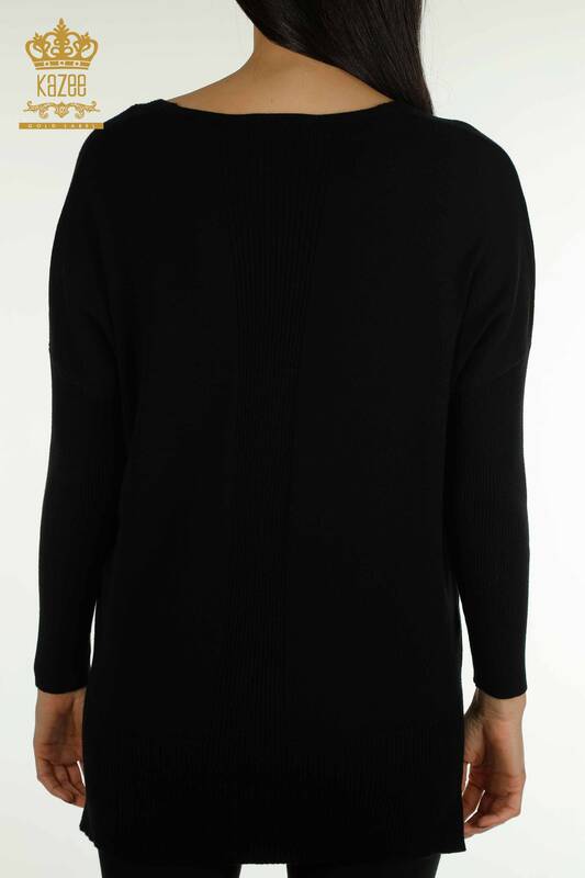 Pull en tricot pour femmes en gros avec détail fendu noir - 30193 | KAZEE