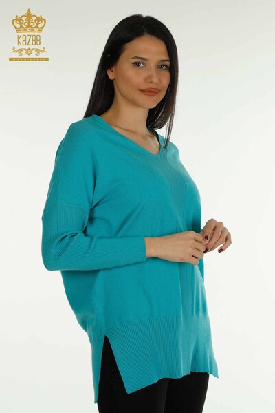 Kazee - Pull en tricot pour femmes en gros avec détail fendu Turquoise - 30193 | KAZEE