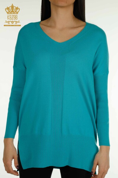 Pull en tricot pour femmes en gros avec détail fendu Turquoise - 30193 | KAZEE - Thumbnail