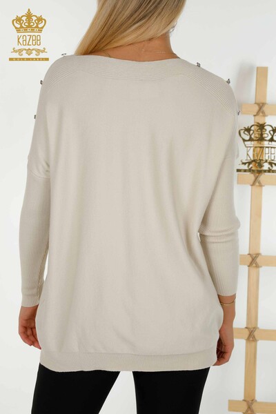 Pull en tricot pour femmes en gros avec détail d'épaule Beige - 30192 | KAZEE - Thumbnail