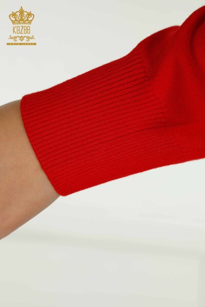 Pull en tricot pour femmes en gros avec détail d'épaule rouge-noir - 30079 | KAZEE - Thumbnail