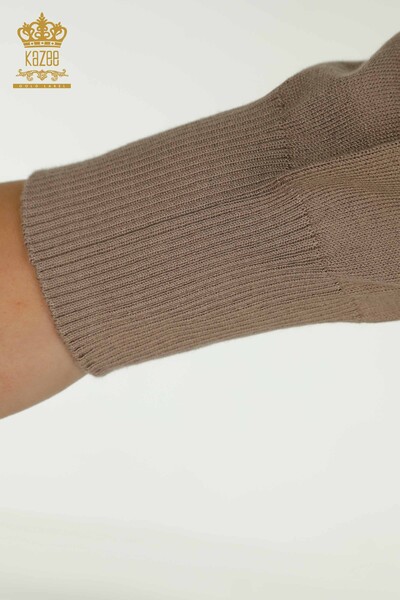 Pull en tricot pour femmes en gros avec détail d'épaule Vison-Noir - 30079 | KAZEE - Thumbnail