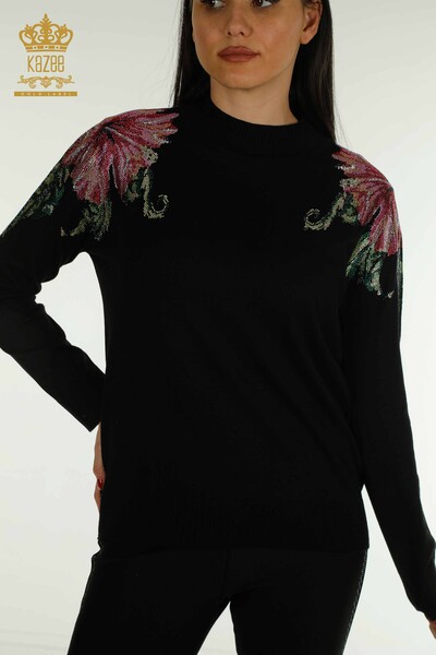 Tricots pour femmes en gros pull épaule fleur détaillée noir - 30542 | KAZEE - Thumbnail